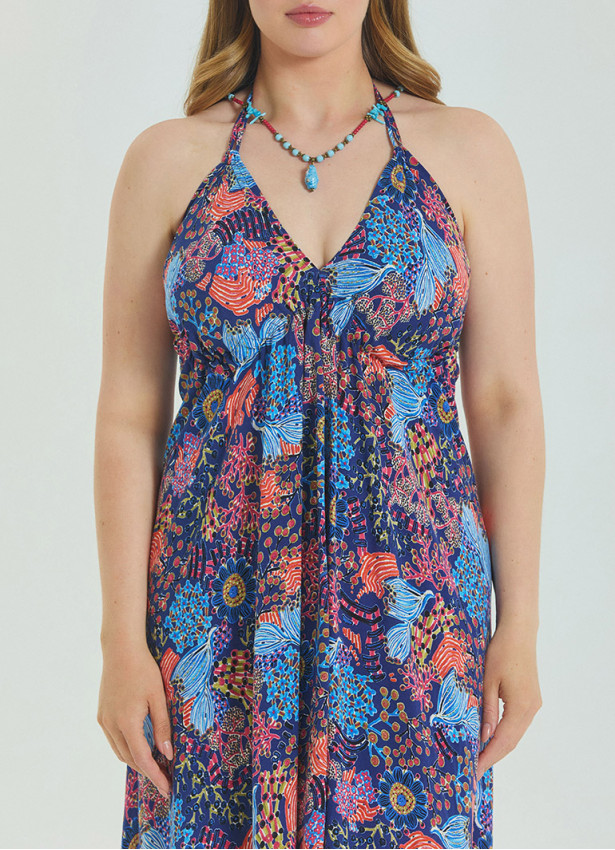 V Neck Backless Halter Neck Blue Plus Size Dress 4664